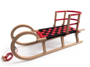 Horned Wooden Snow Sledge 110 cm Fabric Seat with Backer red