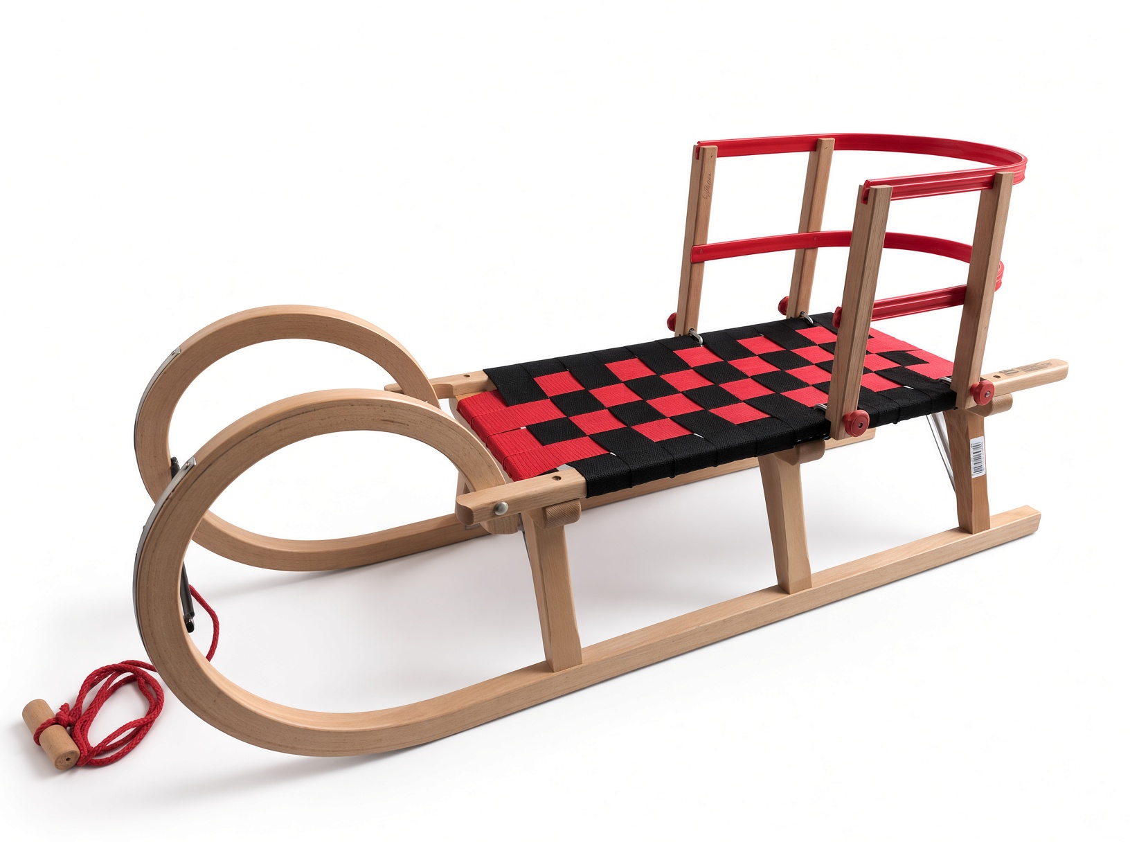 Horned Wooden Snow Sledge 110 cm Fabric Seat with Backer red